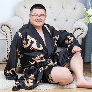 Menn Silkeaktig Satin Kimono Kjole 2PC 7XL langermet Shorts Sett Myk Dragon slåbrok Badeprodukter Sleeprobe Male Stue Hjem Slitasje
