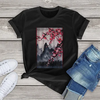 FLC 100% Bomull Vintage Cherry Blossom Woodblock Tee Japansk Grafisk Kunst Klær Gave Kvinner T-Skjorte som er Trykt Øverst Unisex T-skjorte