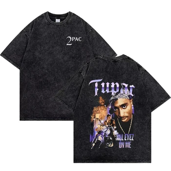 Vintage Vasket T-Skjorte for Menn Hip Hop Kort sleev Oversize Ut Tupac T-Skjorte Harajuku Sommer Streetwear T-Skjorte for Kvinner Bomullsdyner / - Tees