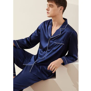 Menn er 100% Ekte Silke Pyjamas Sett for Menn Nattøy Loungewear langermet-Knappen Nede PJ med Pocket Luksus 19 Momme