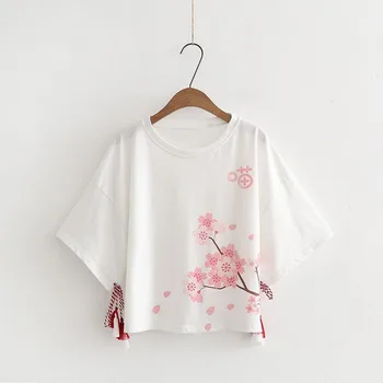 Japansk Jente Linje Søt Vintage White Black Cherry Blossom Trykt Casual Genser Kort Slee Y2k-Skjorte Gotiske Punk Klær