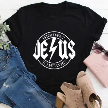 Jesus Highway to Heaven 100%Bomull t-skjorte Kvinner Christian Skjorte Unisex Sommer Uformell kortermet Topp Jesus Skjorter Religiøse Tee