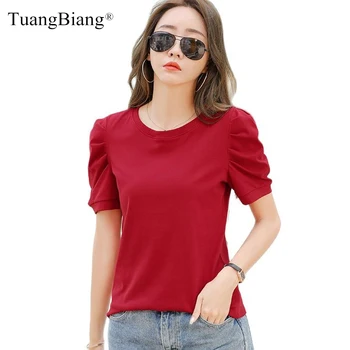TuangBiang2023 Sommer Puff Sleeve O-Hals Bomull Rød T-Skjorte For Kvinner Med Heldekkende Farge Elegante Tshirts Dame Tynn Myk Casual Mote Topper