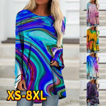 Kvinne Topper Abstrakt Liquid Crystal Farge Grafisk Print Genser Aktiv Streetwear langermet Rund Hals T-Skjorte T-skjorte XS-8XL