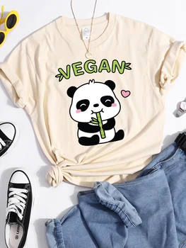 Vegansk Panda Elsker Å Spise Bambus Kvinnelige T-Skjorte Street Pustende Crop Top Uformell Svette Sport Klær Sommer-O-Neck T-Skjorte For Kvinner