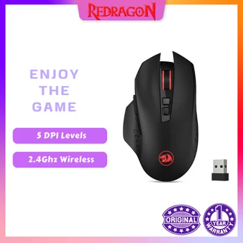 Redragon M656 Gainer Wireless Gaming Mouse, 4000 DPI, Trådløs 2,4 Ghz-Gamer-Mus m/ 5 PPT-Nivåer, 7 Macro Knapper, Rød LED Backl