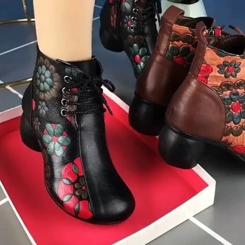 Retro Kvinner Ankel Boots Vinter Pu Skinn Blomst Etnisk Sokker Side Glidelås Lave Hæler Mamma Sko Kvinnelige Fottøy Botas De Mujer