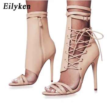 Eilyken Sommer Design Hul Ut Cross-Bundet Blonder Opp Sandaler Boots Sexy Peep Toe Zip-Ankel-Spenne Stropp Stiletto Hæler Sko