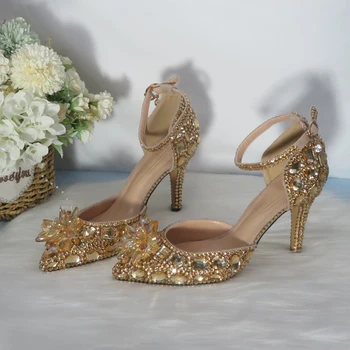 Champagne Golden crystal kvinner Bryllup sko Rhinestone høye hæler ankel stropp sko kvinner party dress sko