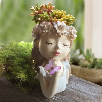 Harpiks Vase Kreativ Jente Skulptur Falske Blomst Blomst Arrangement Vase Succulents I Potter Hjemme-Pc Som Dekorasjon Utsøkte Gave