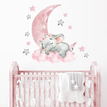 Wall Sticker for Baby Girl Rom Søt Elefant Sove på Månen veggdekor Barn Roms Dekorasjon Klistremerker Interiør Bakgrunn
