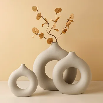 Nordisk Keramikk Vase for Pampas Gress Donuts Flower Pot Hjem Dekorasjon Tilbehør Office Living Interiør Tabell Dusj Innredning
