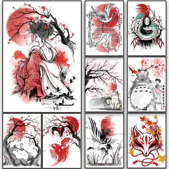 Anime Kunst Veggen Geisha Katt Koi Landskapet Serien Plakat Kraftpapir Skriver Ut Hjemme Dekorasjon Tegneserie Papir Cafe Soverom Maleri