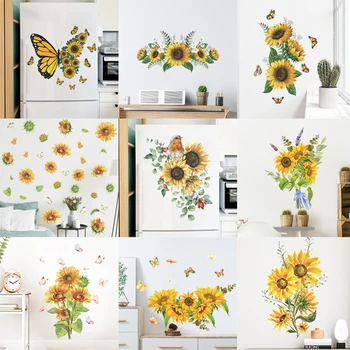 9kinds Akvarell Solsikke Fugler Butterfly Planter wallstickers til Kjøleskap Møbler, Kjøkken, Toalett Dekorative Dekaler pvc