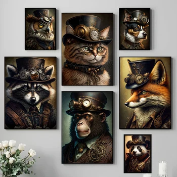 Steampunk Panda Owl Raccoon Fox Katt Ape Ekorn Plakater og bilder Lerret å Male Moderne Dyr Art Bilde Hjem Innredning