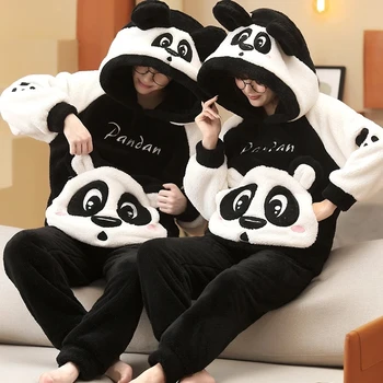 Vinteren Par Pyjamas Sett Kvinner Menn Myk Plysj Tykkere Pysjamasen Nattøy Koreansk Løs Homewear Tegneserie Panda Pysjamasen Sort