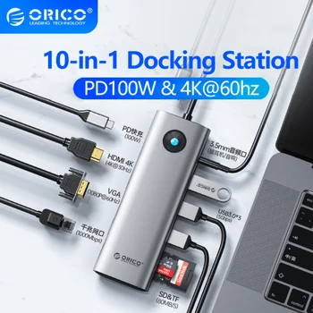 ORICO USB-C-HUB 4K-60Hz Type C HDMI-2.0 RJ45 PD 100W Adapter for Macbook Air eller Macbook Pro, IPad Pro M2 M1 PC-Tilbehør USB 3.0-HUB